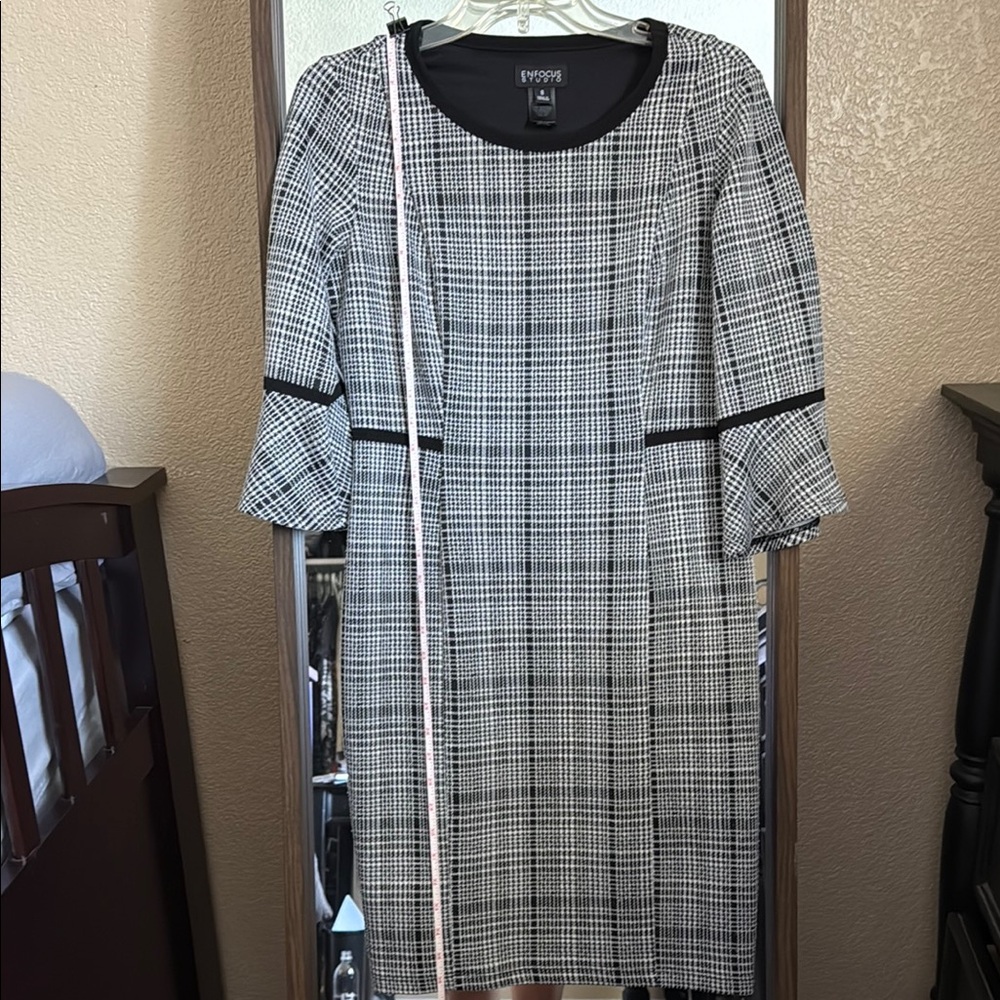 Enfocus Studio Black and White Sheath Dress with Bell Sleeves